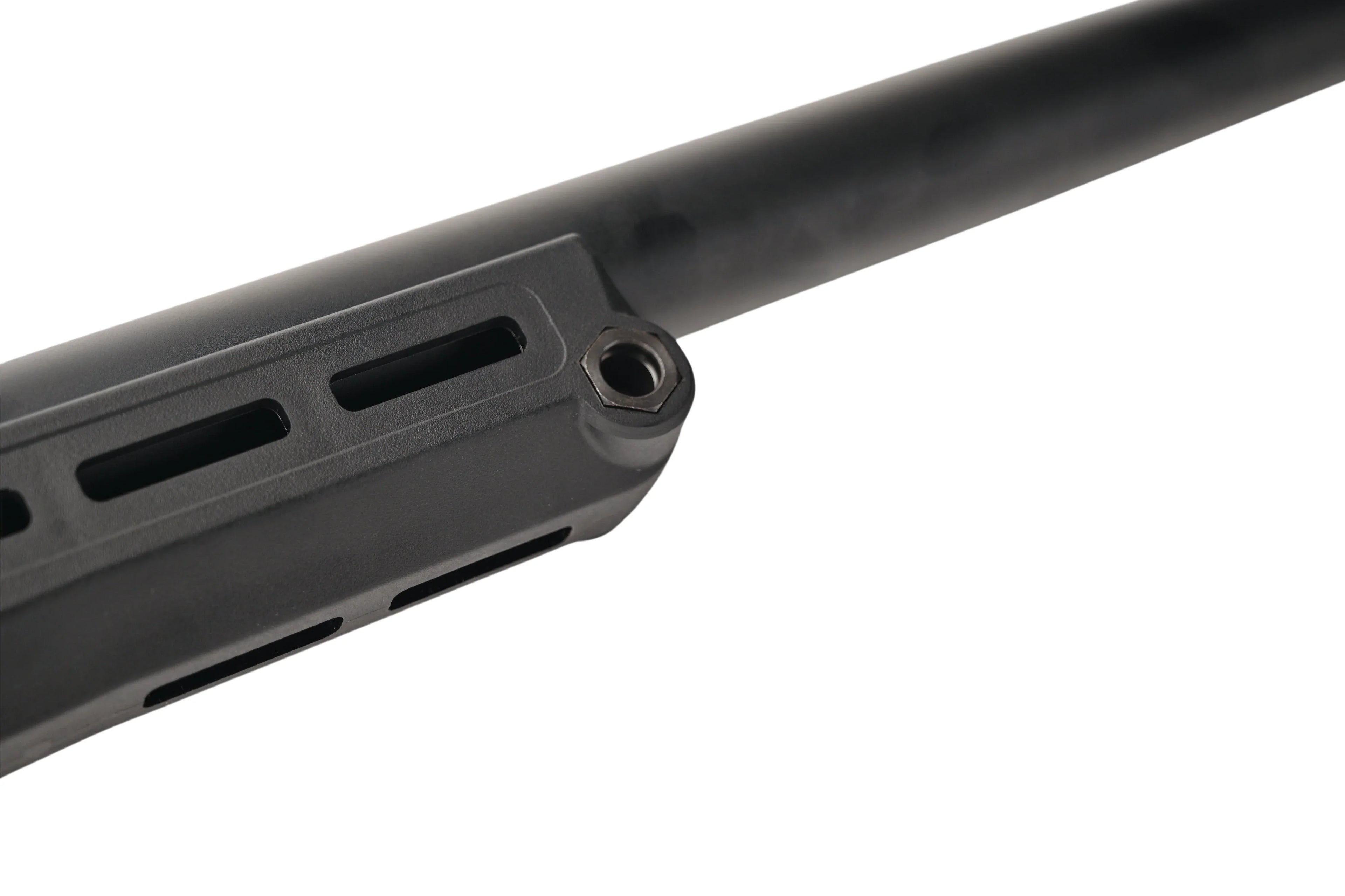 Close-up of the barrel of the SILVERBACK TAC-41P AIRSOFT sniper, showcasing its sleek design and features