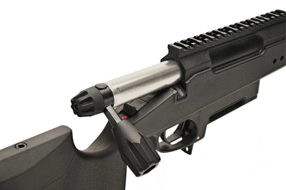 Close-up of the SILVERBACK TAC-41P AIRSOFT sniper rifle showing the barrel and cocking mechanism