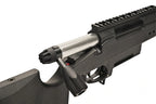 Close-up of the SILVERBACK TAC-41P AIRSOFT sniper rifle showing the barrel and cocking mechanism