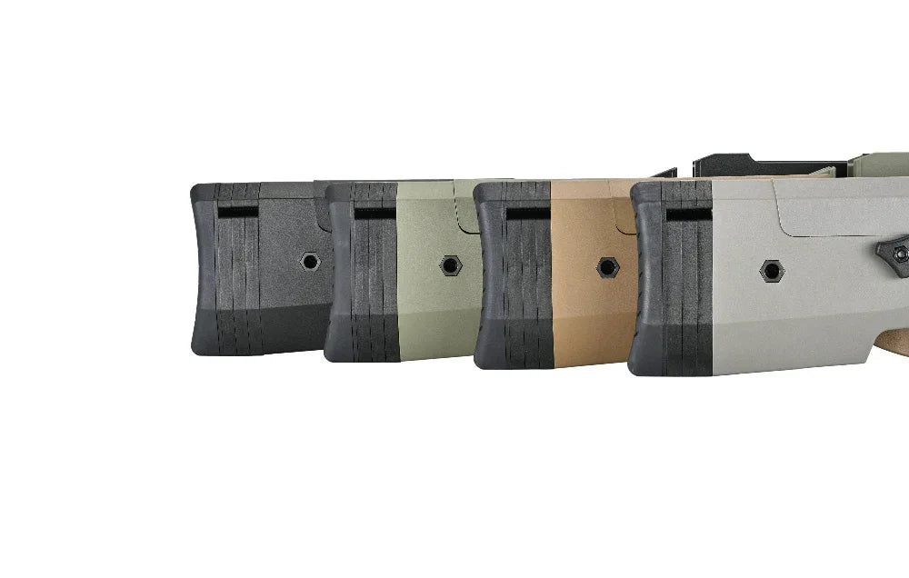 SILVERBACK TAC-41P sniper rifle stock available in four colors: black, green, tan, and gray