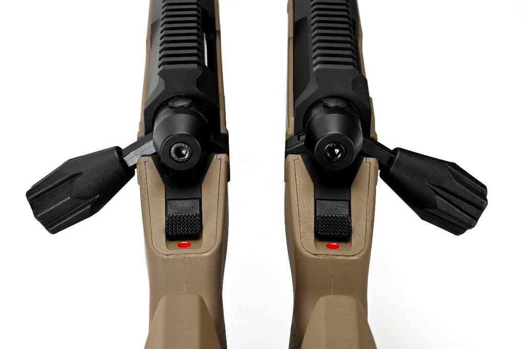 Close-up of SILVERBACK TAC-41P sniper rifle features including adjustable settings and ergonomic design