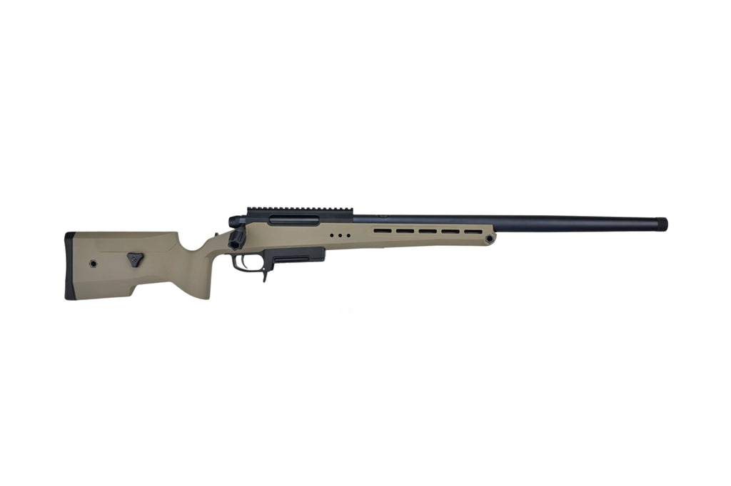 SILVERBACK TAC-41P sniper rifle in tan with a sleek design and extended barrel for precision shooting