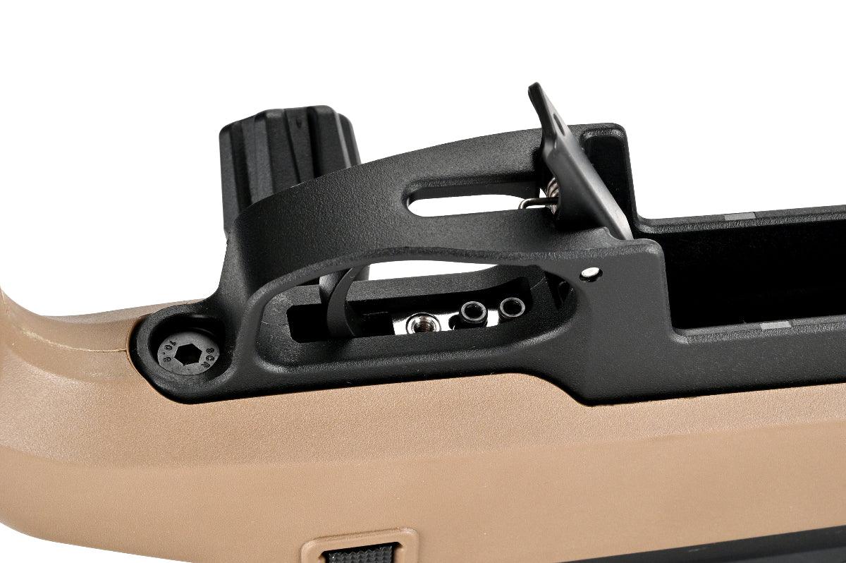 Close-up of SILVERBACK TAC-41P sniper rifle receiver showing adjustable components and design details