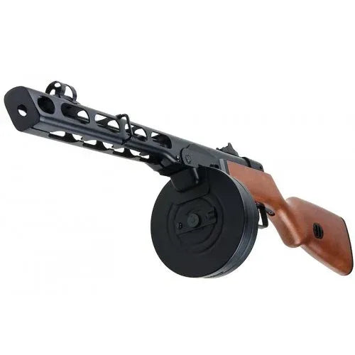 SNOW WOLF PPSH AIRSOFT AEG replica with a wooden grip and drum magazine for airsoft enthusiasts