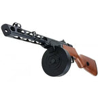 SNOW WOLF PPSH AIRSOFT AEG replica with a wooden grip and drum magazine for airsoft enthusiasts