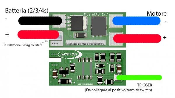 SOFTAIR ACTIVE BRAKE MICRO MOSFET circuit board showing connections for battery, motor, and trigger.