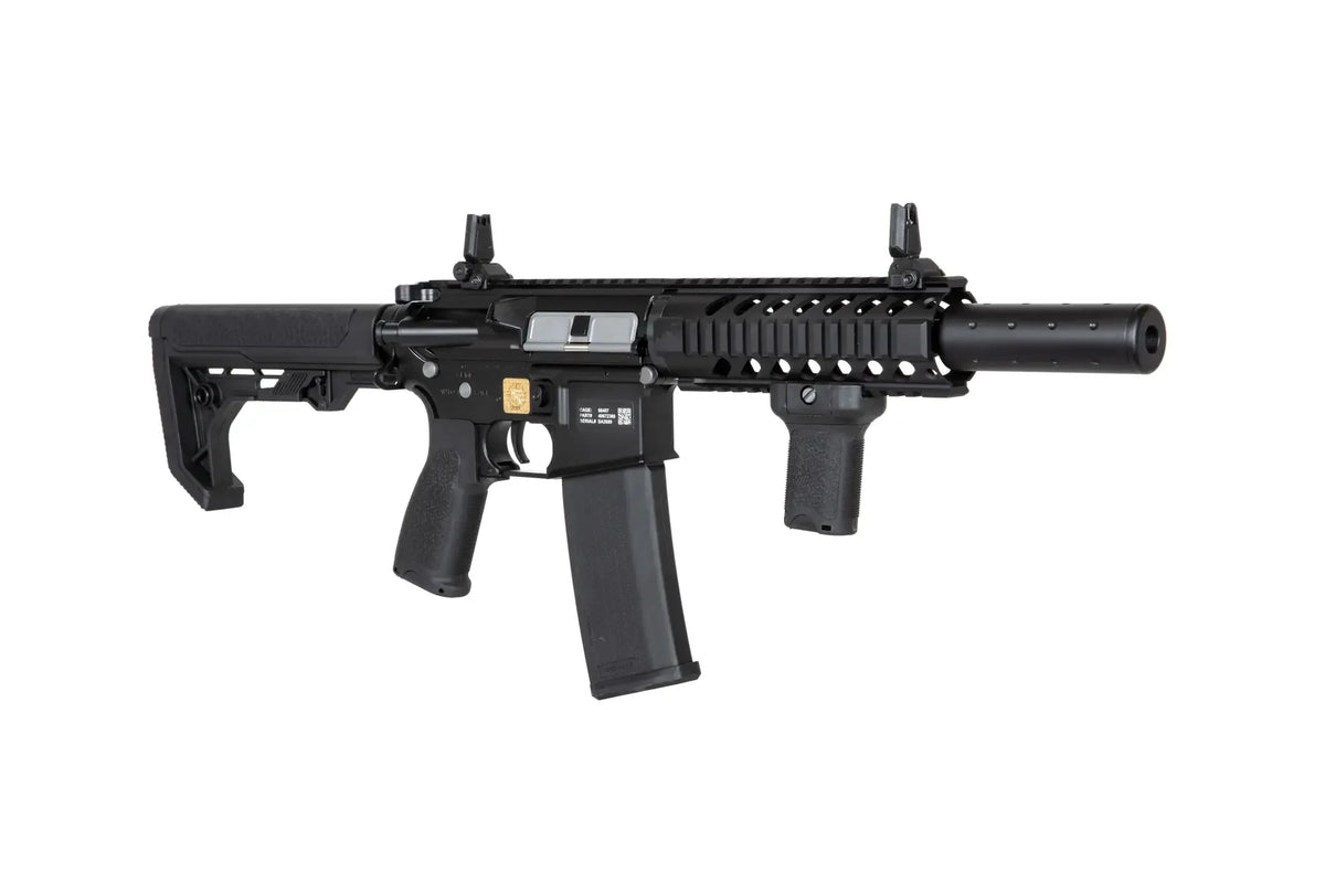 Airsoft AEG rifle, dark finish, angled view with pistol grip and rail