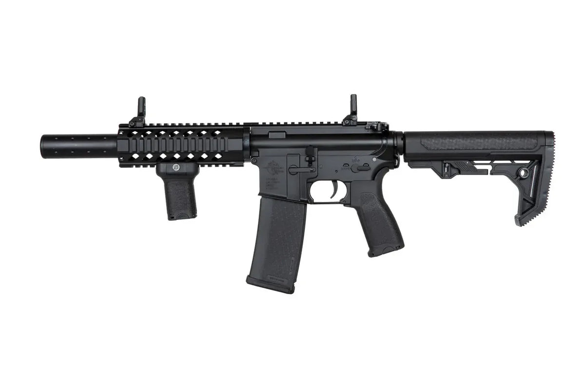 Airsoft AEG rifle, dark finish, side view with stock and handguard