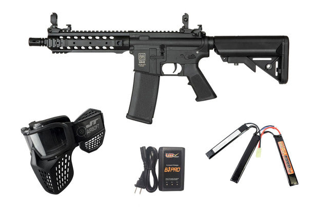 SPECNA ARMS F01 FLEX GATE X-ASR airsoft rifle set with accessories including goggles and battery charger
