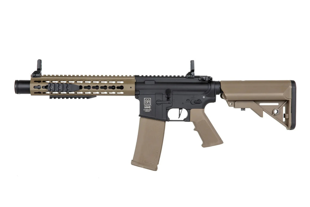 Specna Arms C07 airsoft rifle tan and black AEG with adjustable stock MLOK handguard and flip up sights
