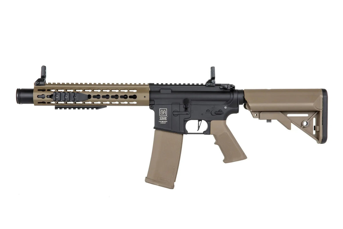 Specna Arms C07 airsoft rifle tan and black AEG with adjustable stock MLOK handguard and flip up sights
