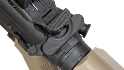SPECNA ARMS C08 CORE airsoft gun close up of rear flip sight charging handle and tan receiver
