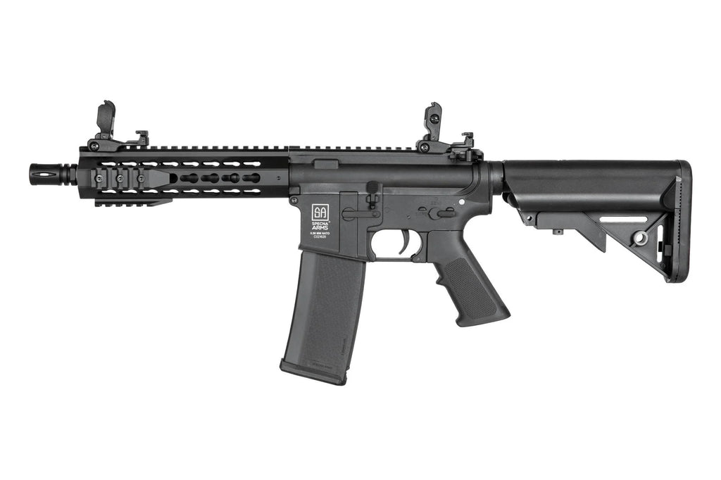 SPECNA ARMS C08 CORE airsoft gun compact black AEG rifle with adjustable stock short rail and flip sights