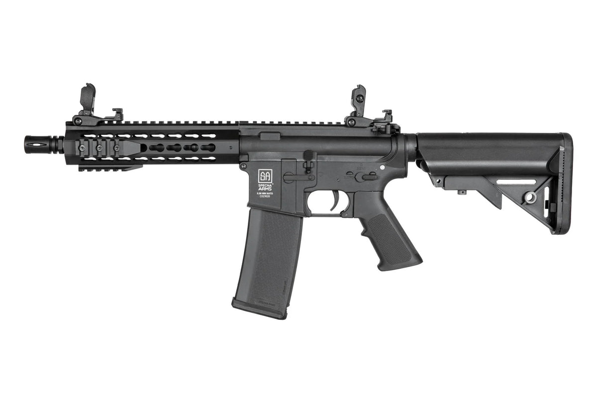 SPECNA ARMS C08 CORE airsoft gun compact black AEG rifle with adjustable stock short rail and flip sights