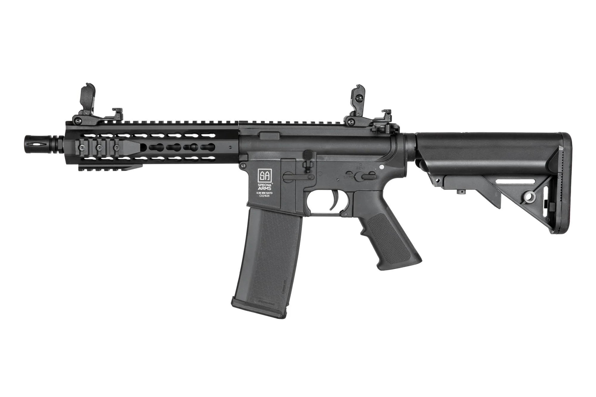SPECNA ARMS C08 CORE airsoft gun compact black AEG rifle with adjustable stock short rail and flip sights