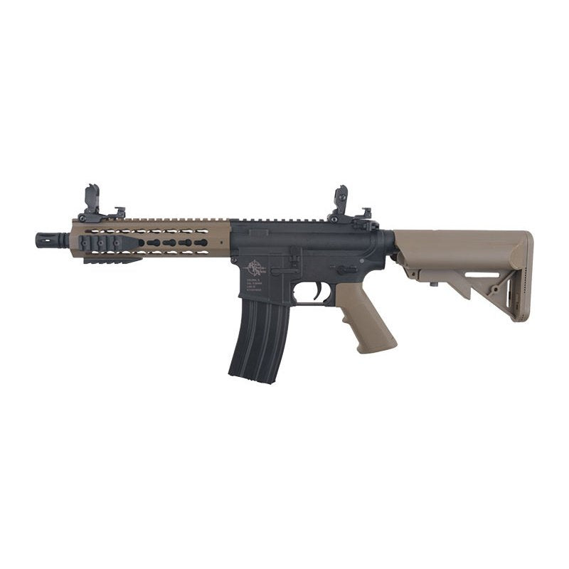 SPECNA ARMS C08 CORE airsoft gun tan and black compact AEG with collapsible stock railed handguard and flip sights