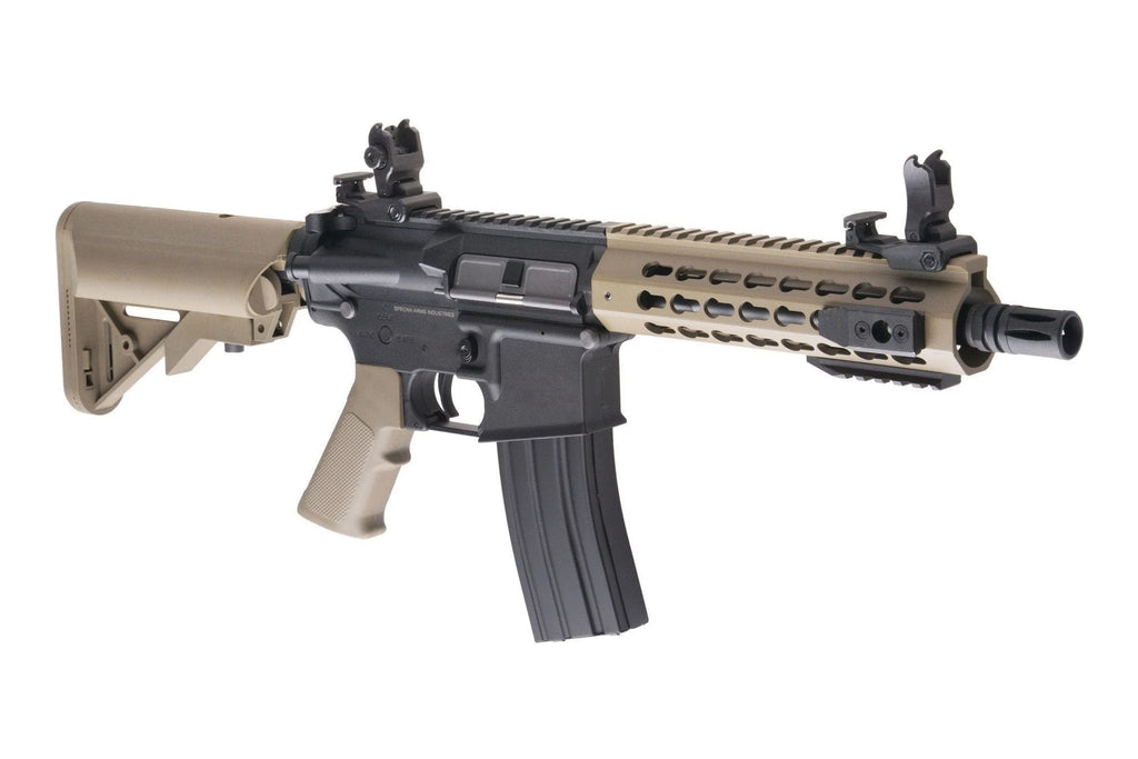 SPECNA ARMS C08 CORE airsoft gun AEG tan and black compact rifle with collapsible stock and flip sights