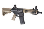 SPECNA ARMS C08 CORE airsoft gun AEG tan and black compact rifle with collapsible stock and flip sights