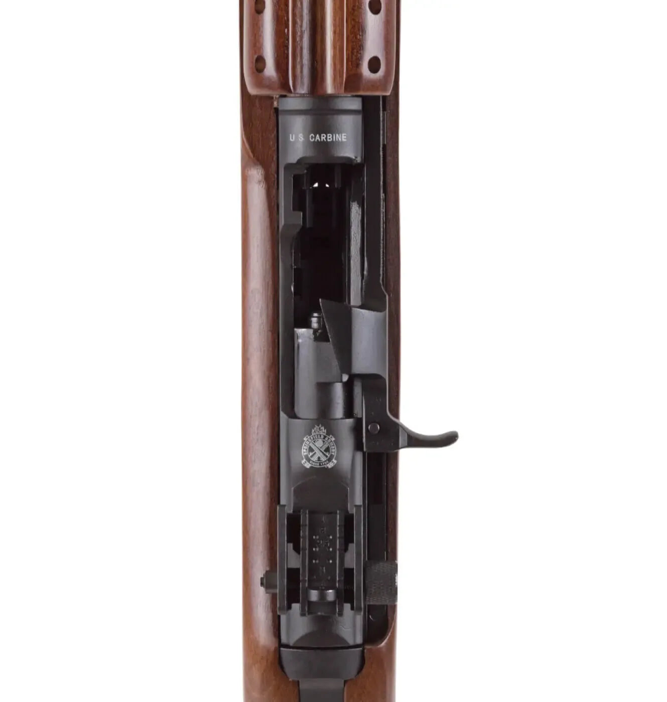 Close-up view of SPRINGFIELD ARMORY M1 CARBINE showing detailed components and trigger area