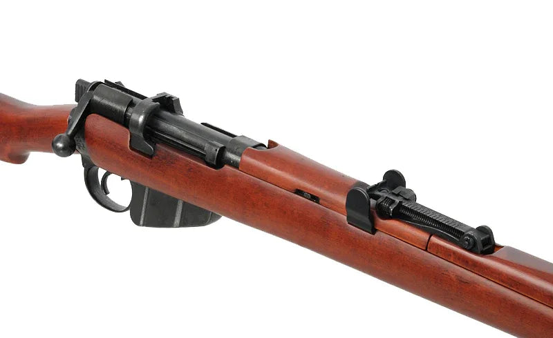 Close-up of the S&T LEE ENFIELD MKIII sniper rifle showcasing its wood finish and metal components