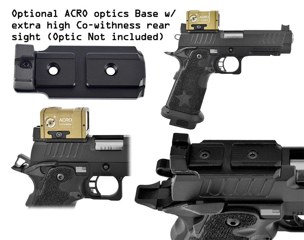 Optional ACRO optics base for Staccato airsoft pistol with extra high co-witness rear sight