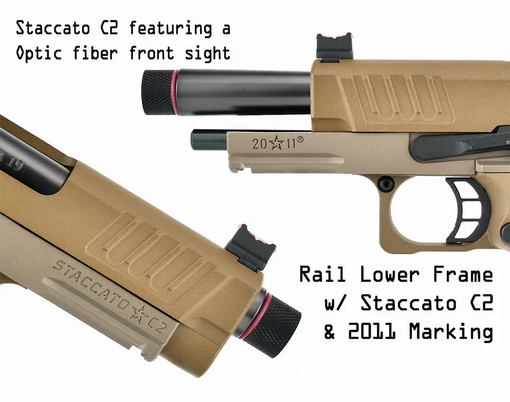 Army Armament Staccato Airsoft Pistol featuring optic fiber front sight and rail lower frame
