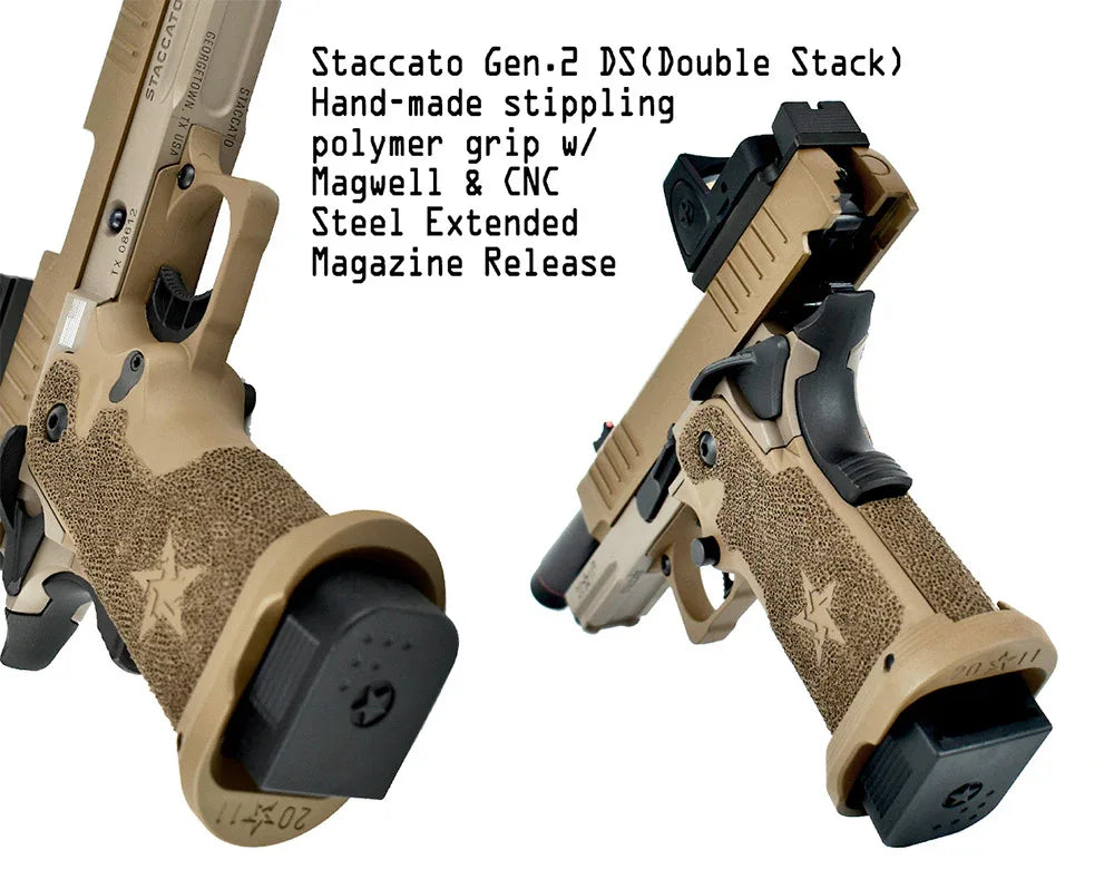 Staccato Airsoft Gen 2 DS Pistol with polymer grip, steel extended magazine release, and CNC machined details