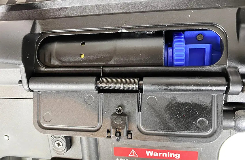 Close-up of E&C GRIDLOK PDW AEG AIRSOFT with visible bolt carrier and charging handle details