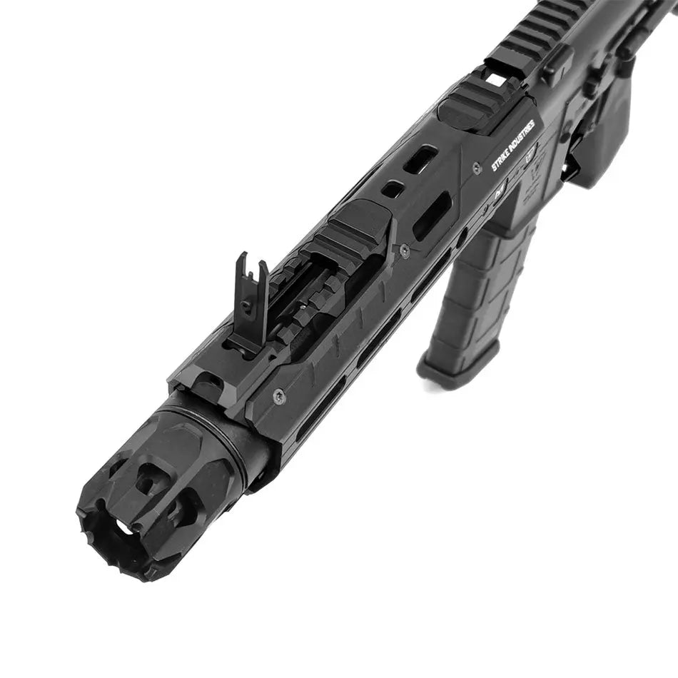 Close-up of GRIDLOK PDW AEG AIRSOFT gun showing black rail and barrel detailing