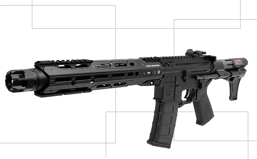 E&C GRIDLOK PDW AEG AIRSOFT rifle in black with extended handguard and adjustable stock