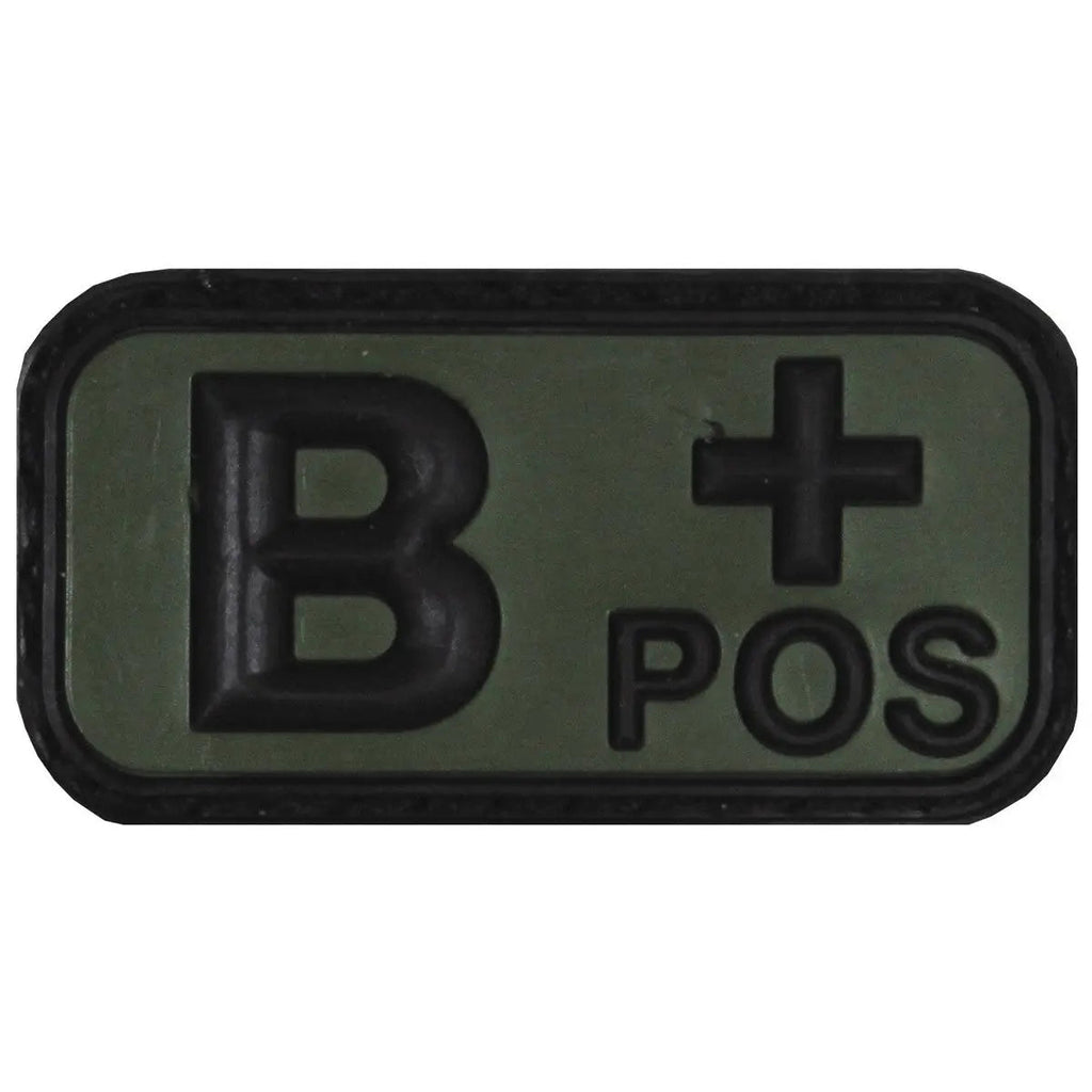DISTRICT AIRSOFT olive drab rubber patch with raised B plus and POS markings for B positive airsoft blood type patch