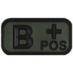 DISTRICT AIRSOFT olive drab rubber patch with raised B plus and POS markings for B positive airsoft blood type patch
