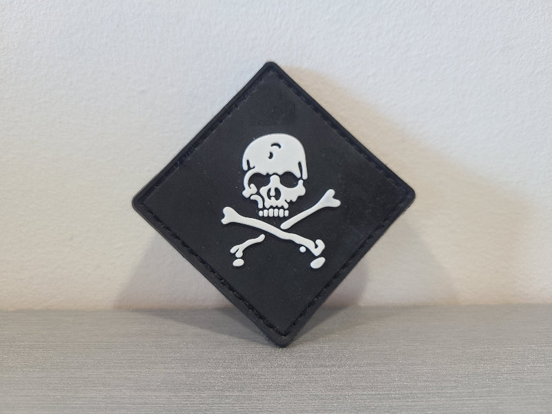 DISTRICT AIRSOFT black diamond airsoft pvc morale patch with white skull and crossbones emblem