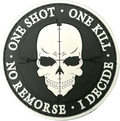 DISTRICT AIRSOFT patch airsoft featuring a skull design with the text 'One Shot One Kill No Remorse I Decide'