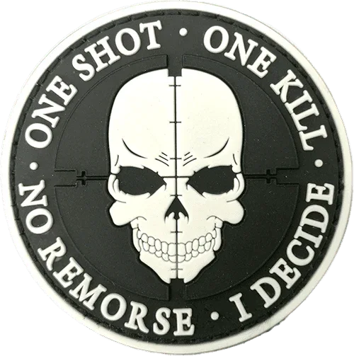 DISTRICT AIRSOFT patch airsoft featuring a skull design with the text 'One Shot One Kill No Remorse I Decide'