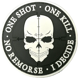 DISTRICT AIRSOFT patch airsoft featuring a skull design with the text 'One Shot One Kill No Remorse I Decide'