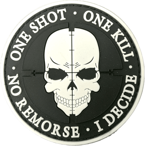 DISTRICT AIRSOFT patch airsoft featuring a skull design with the text 'One Shot One Kill No Remorse I Decide'