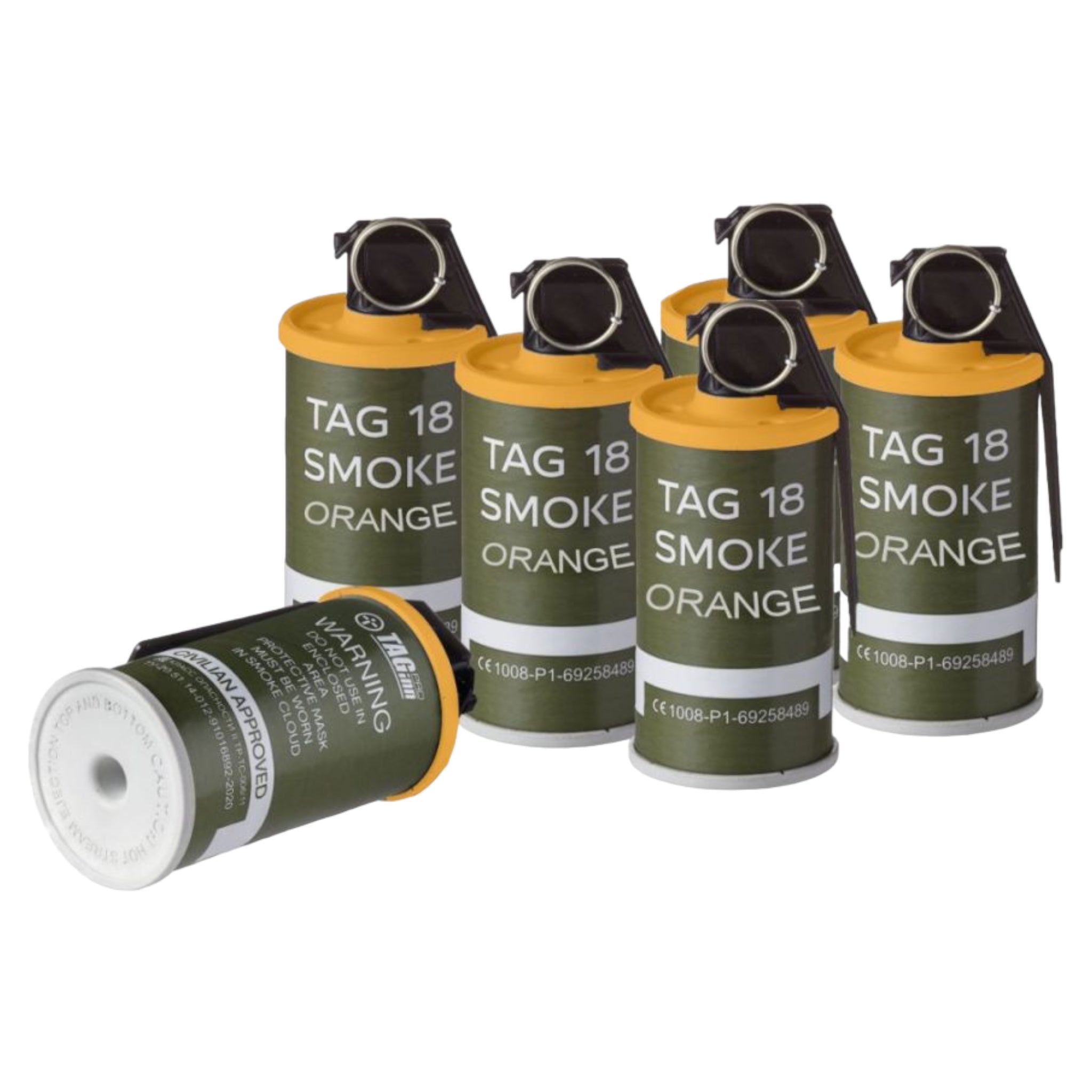 taginn tag-18 orange smoke consumable grenades with pull rings and safety pins set of six