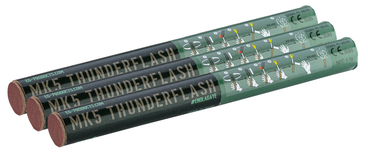 Three MK5 thunderflash grenade devices, designed for special effects and signaling use
