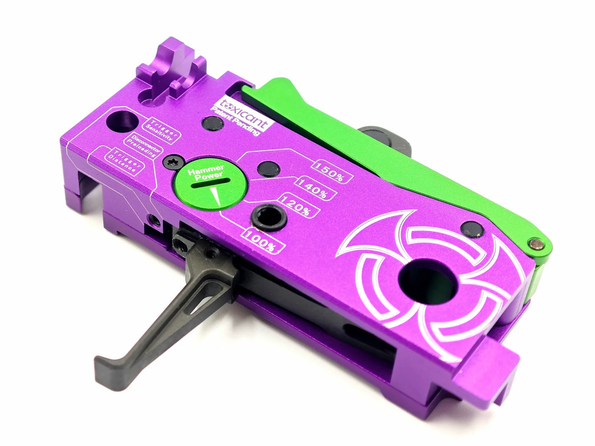 TOXICANT purple anodized internal gearbox unit with green safety lever black trigger and white markings
