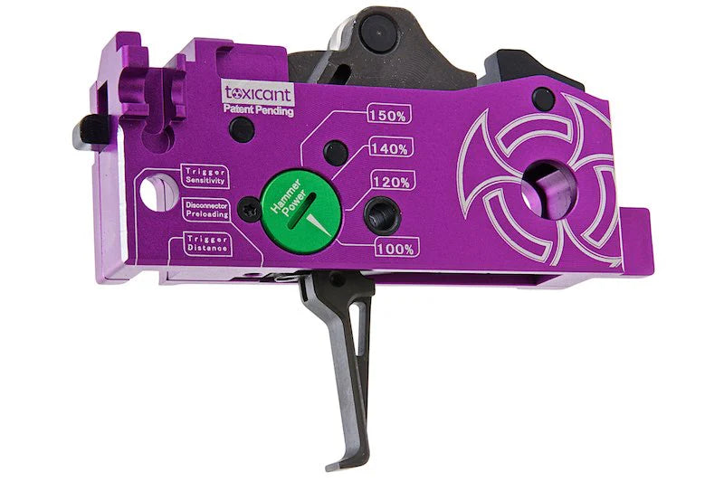 TOXICANT purple adjustable rifle trigger assembly with biohazard design and selectable pull weight settings