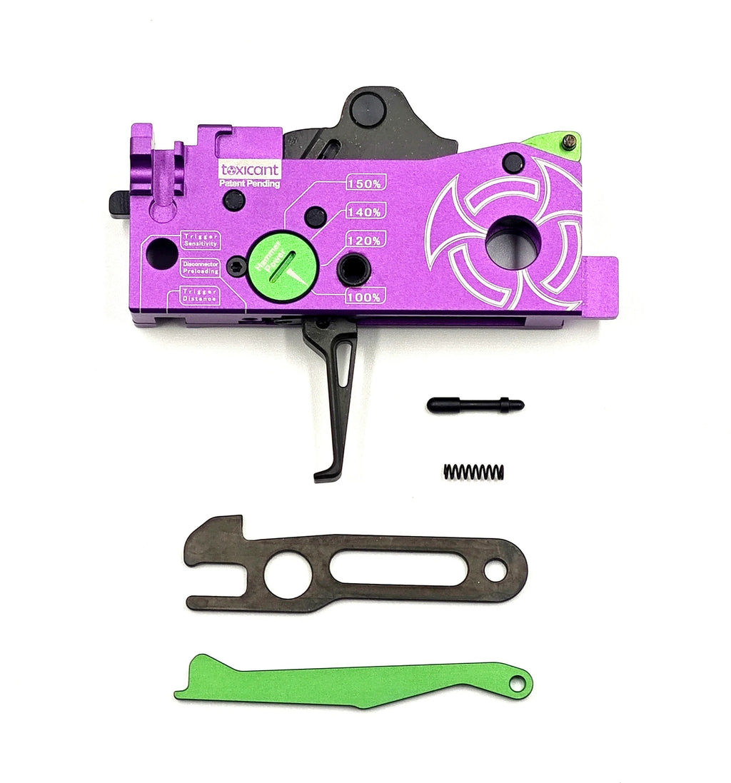 TOXICANT purple anodized interne gearbox unit with adjustable green dials and trigger parts for upgrades