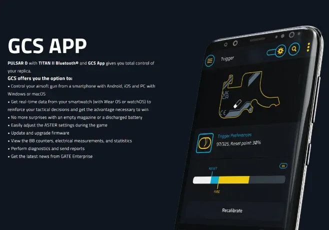GCS App interface for controlling TRINITY ARMAMENT GA-TA01 AEG 11.5 via smartphone with various features