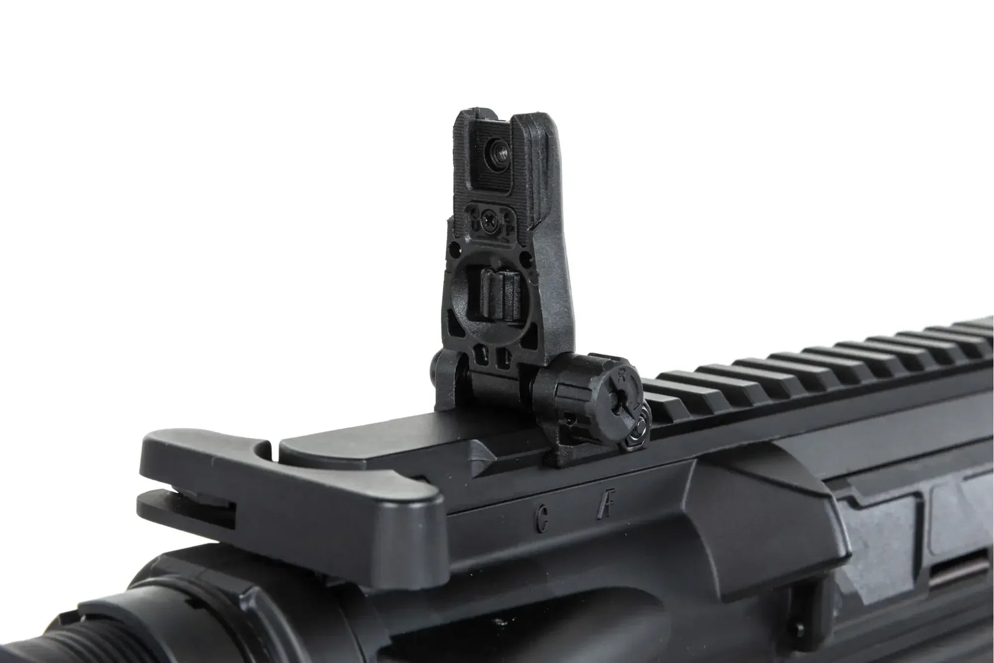 Close-up of TRINITY ARMAMENT GA-TA01 AEG 11.5 top rail with adjustable sight and tactical design features