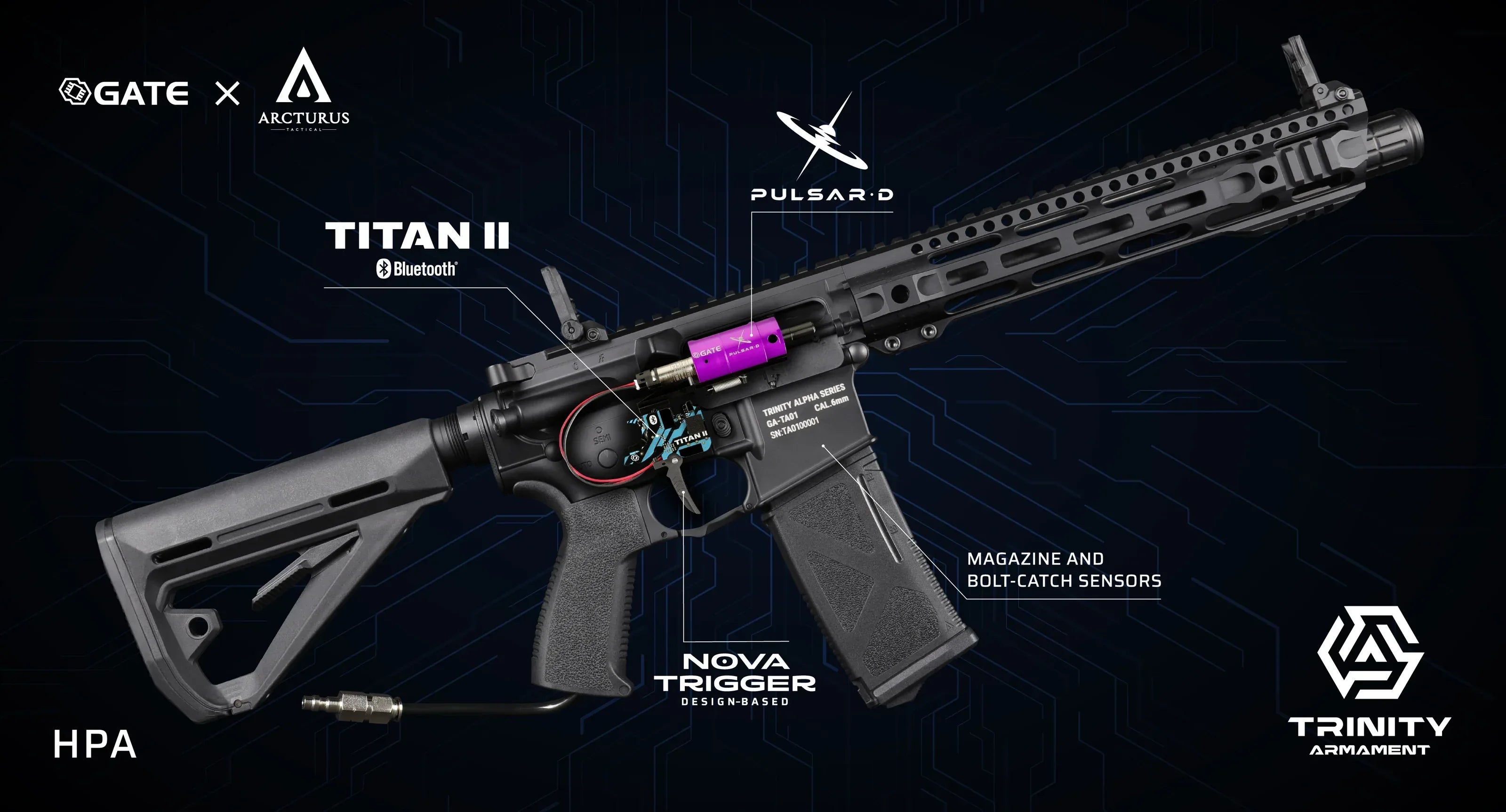 TRINITY ARMAMENT GA-TA02P HPA airsoft rifle featuring Bluetooth connectivity and advanced sensors