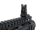 Close-up view of TRINITY ARMAMENT GA-TA03 AEG's adjustable front sight on a rail system