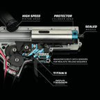 Internal components of TRINITY ARMAMENT GA-TA03 AEG showcasing piston, cylinder, and Titan II system