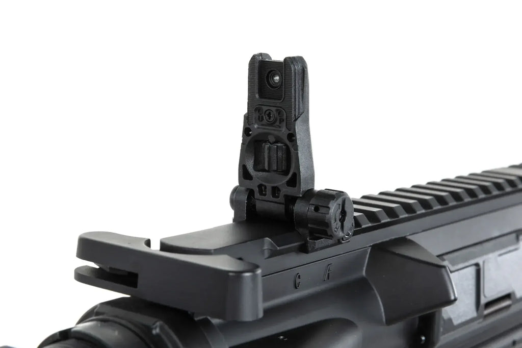 Close-up of TRINITY ARMAMENT GA-TA03 AEG with adjustable rear sight and rail system