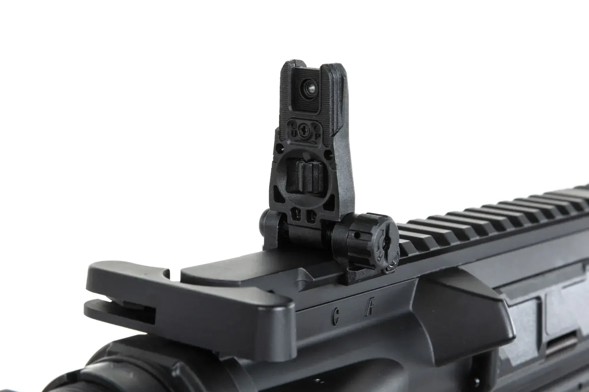 Close-up of TRINITY ARMAMENT GA-TA03 AEG with adjustable rear sight and rail system