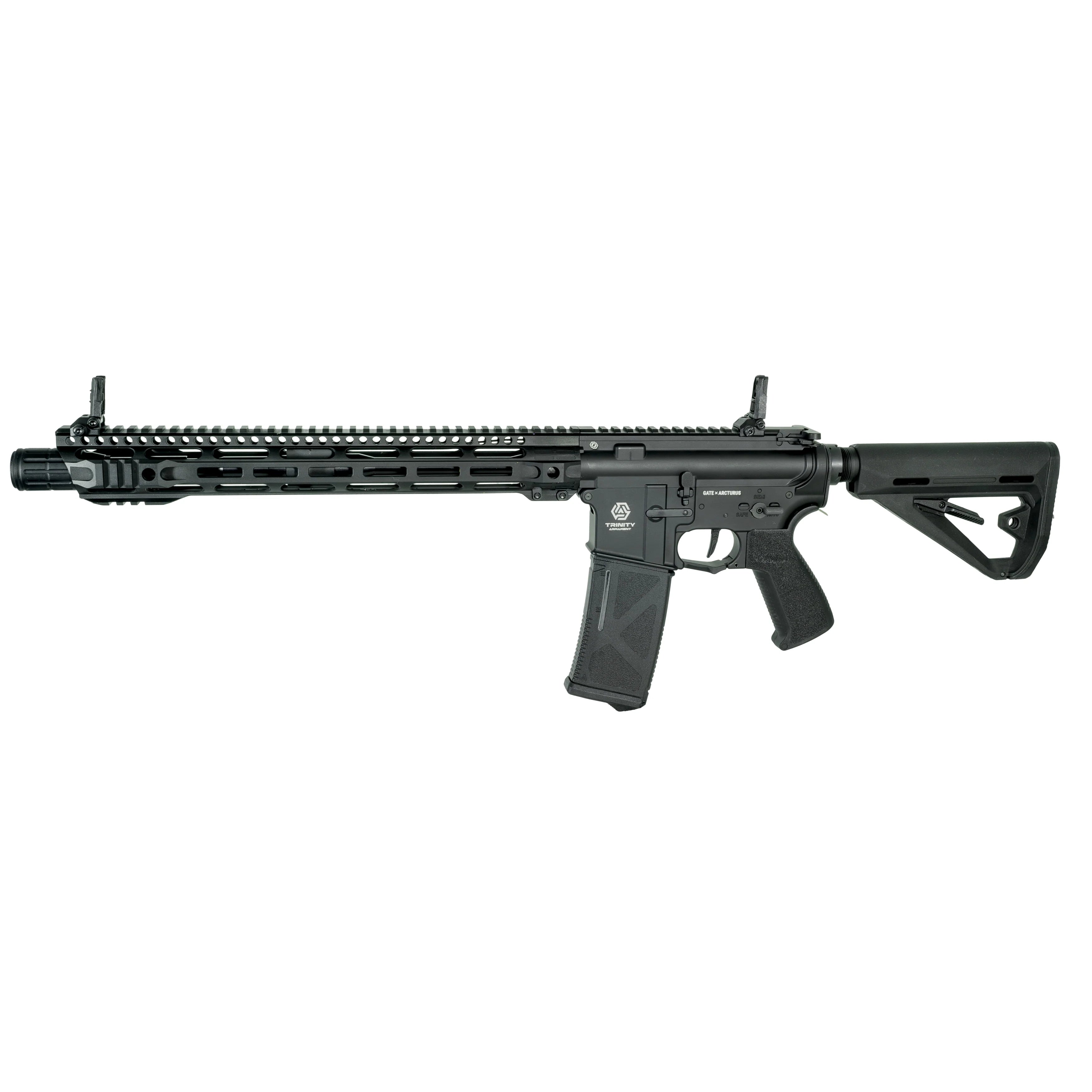 TRINITY ARMAMENT Black AEG Rifle with Rail System and Adjustable Stock for Airsoft Enthusiasts